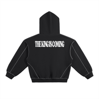 THE KING IS COMING CONTRAST STITCHED FLEECE BOXY HOODIE